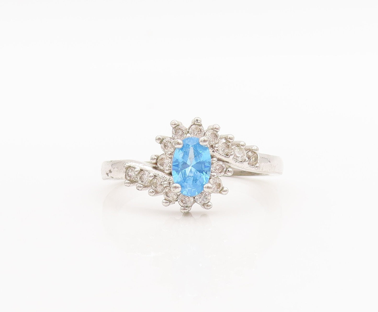925 Sterling Silver Vintage Ring Designer Oval Blue & White CZ  Sz 7  RG28965