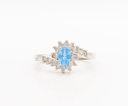 925 Sterling Silver Vintage Ring Designer Oval Blue & White CZ  Sz 7  RG28965