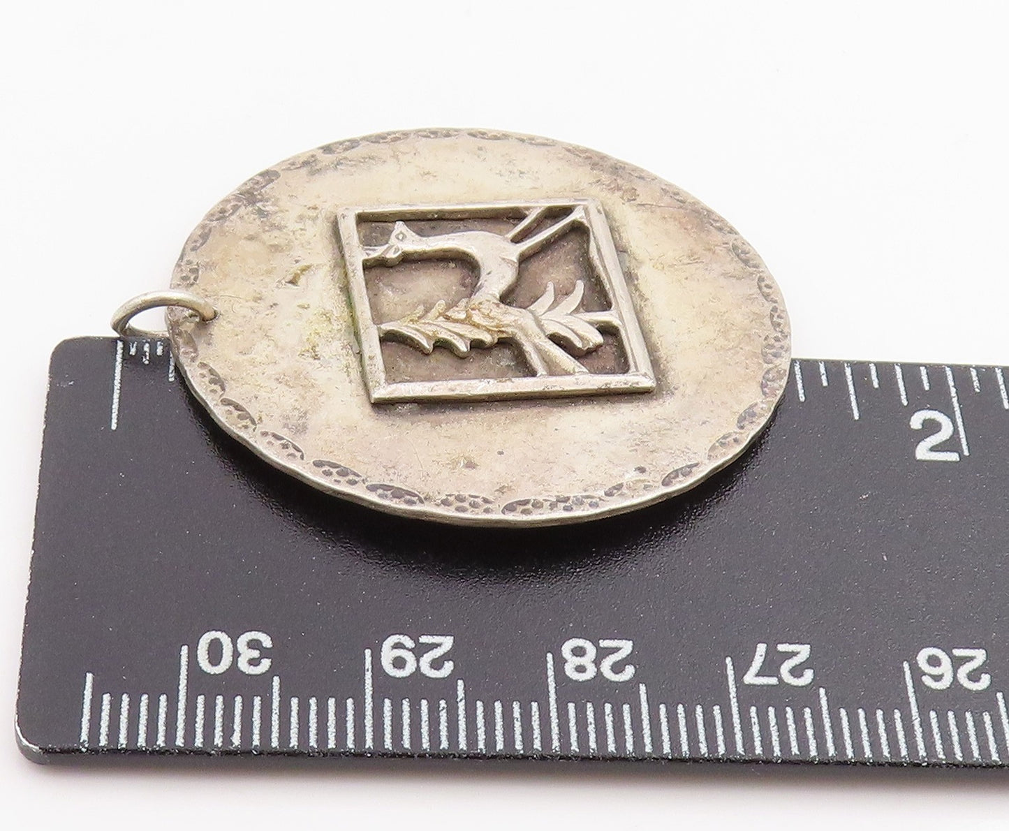 925 Sterling Silver Vintage Pendant Carved Reindeer & Pine Tree Medal  PT25474