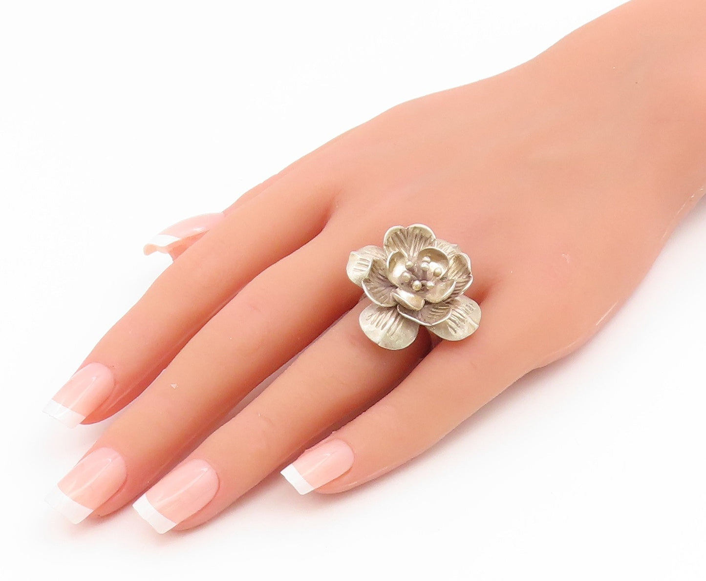 925 Sterling Silver Vintage Ring Modernist Etched Hibiscus Flower  Sz 5  RG35158