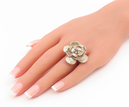 925 Sterling Silver Vintage Ring Modernist Etched Hibiscus Flower  Sz 5  RG35158