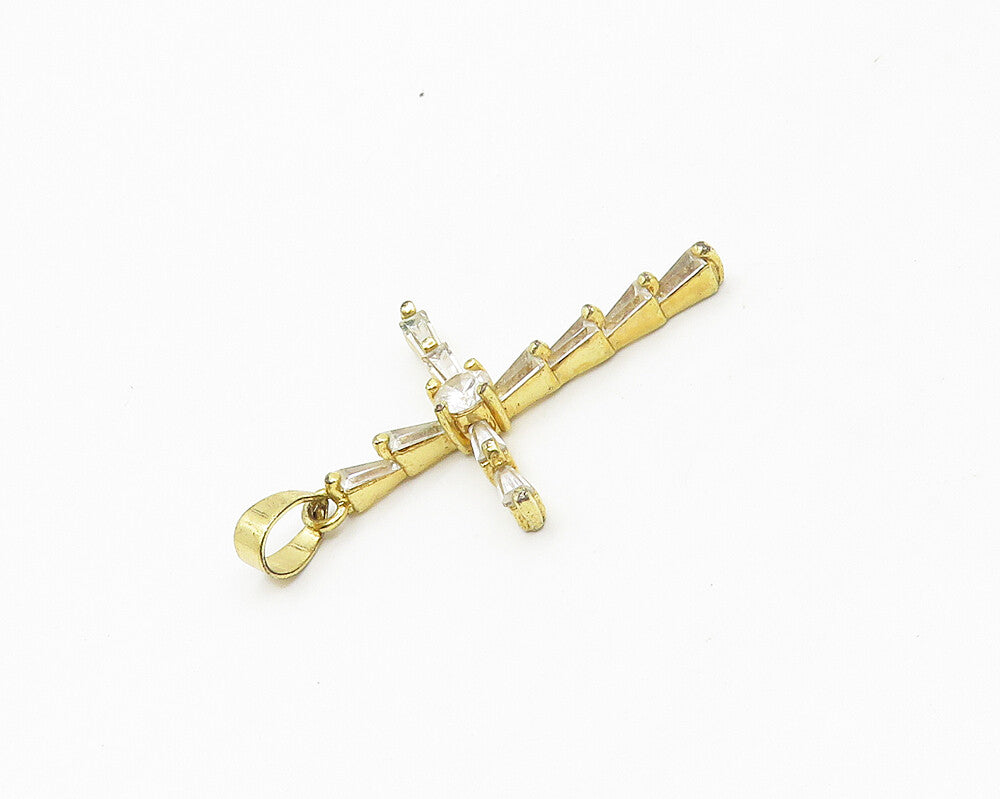 925 Sterling Silver  Topaz Shiny Gold Plated Religious Cross Pendant  PT13863