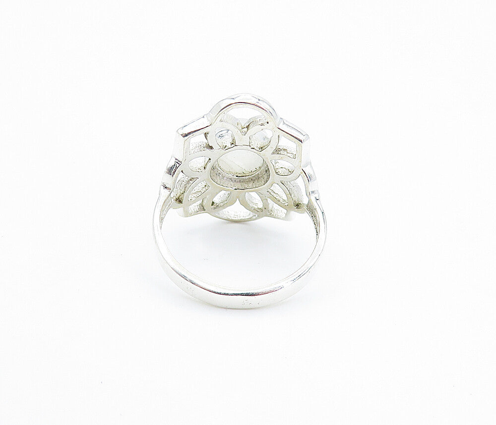 925 Sterling Silver Moonstone Open Floral Design Cocktail Ring Sz 7 RG8058