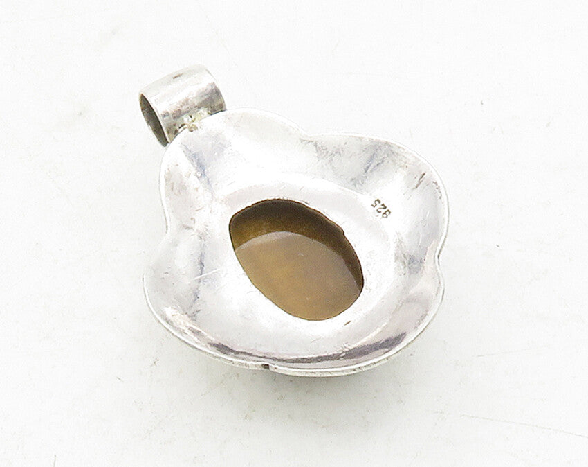 925 Sterling Silver  Vintage Cabochon Cut Tiger's Eye Shiny Pendant  PT9964