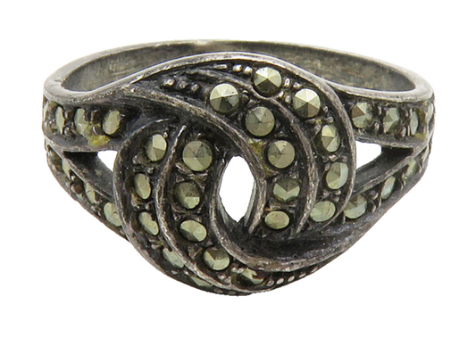 925 Sterling Silver  Vintage Marcasite Dark Tone Swirl Band Ring Sz 6  RG13946