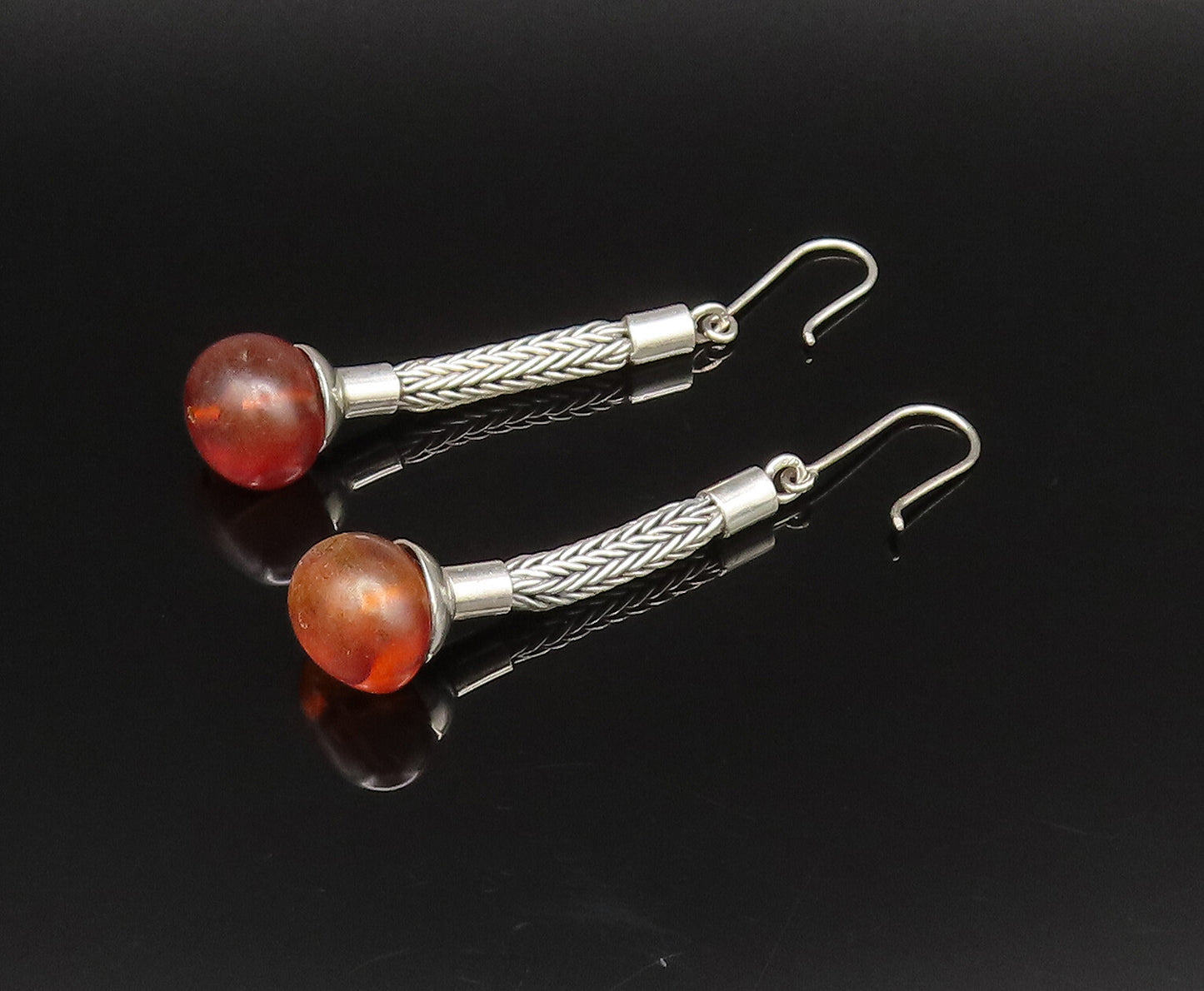 925 Sterling Silver  Vintage Foxtail Chain Baltic Amber Earrings  EG12129