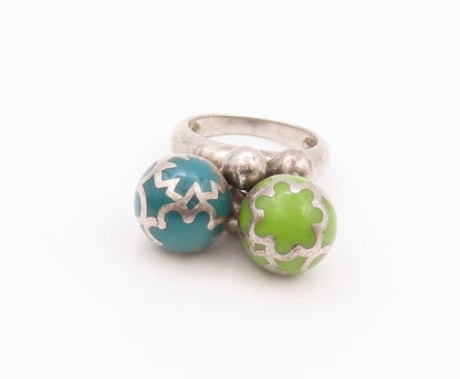 925 Sterling Silver Vintage Ring Floral Design Enameled Beads  Sz 6.5  RG32378