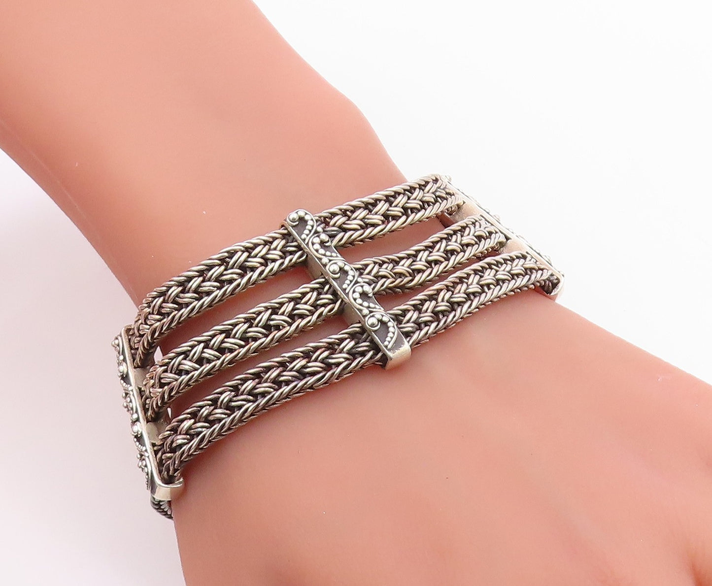 925 Sterling Silver Vintage Bracelet LOIS HILL Triple Strand Scroll Bar  BT12042
