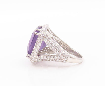 925 Sterling Silver Vintage Ring Square Amethyst Halo Topaz Inlay  Sz 6  RG32505