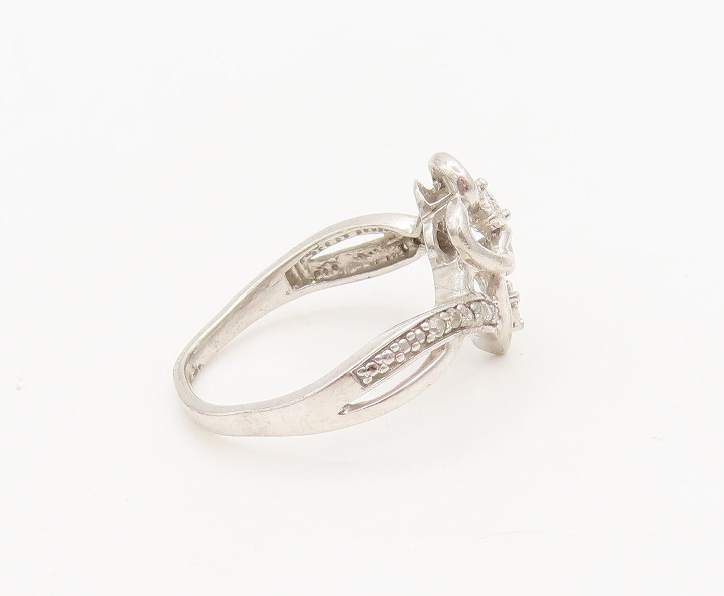 925 Silver Vintage Connected Hearts Of Diamonds Swirly Band Ring Sz 7  RG26868