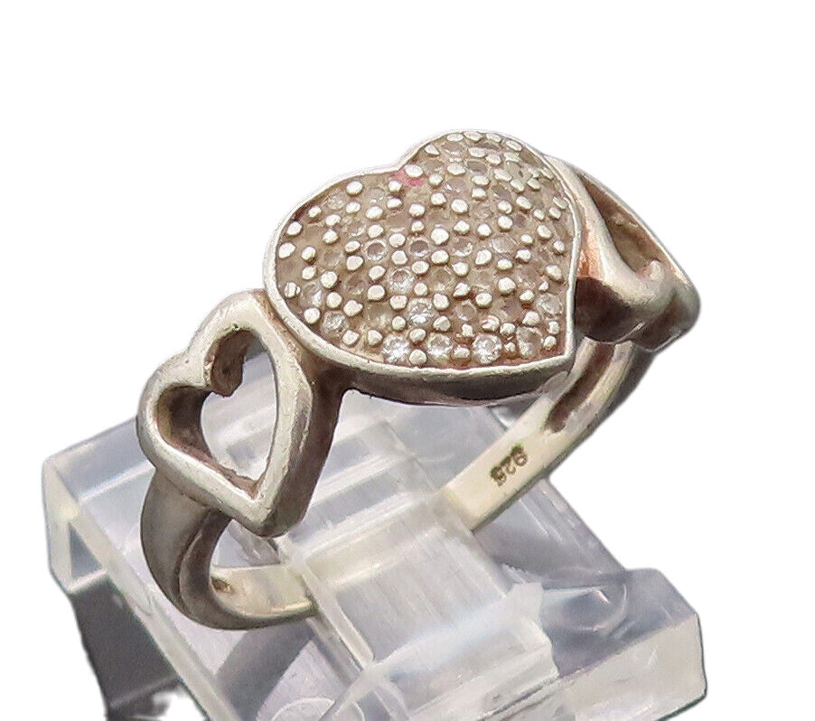 925 Sterling Silver Vintage Ring Swirly Carved Hearts Beaded Topaz Sz 7  RG27707