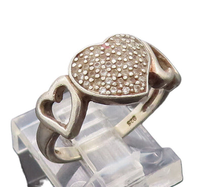 925 Sterling Silver Vintage Ring Swirly Carved Hearts Beaded Topaz Sz 7  RG27707