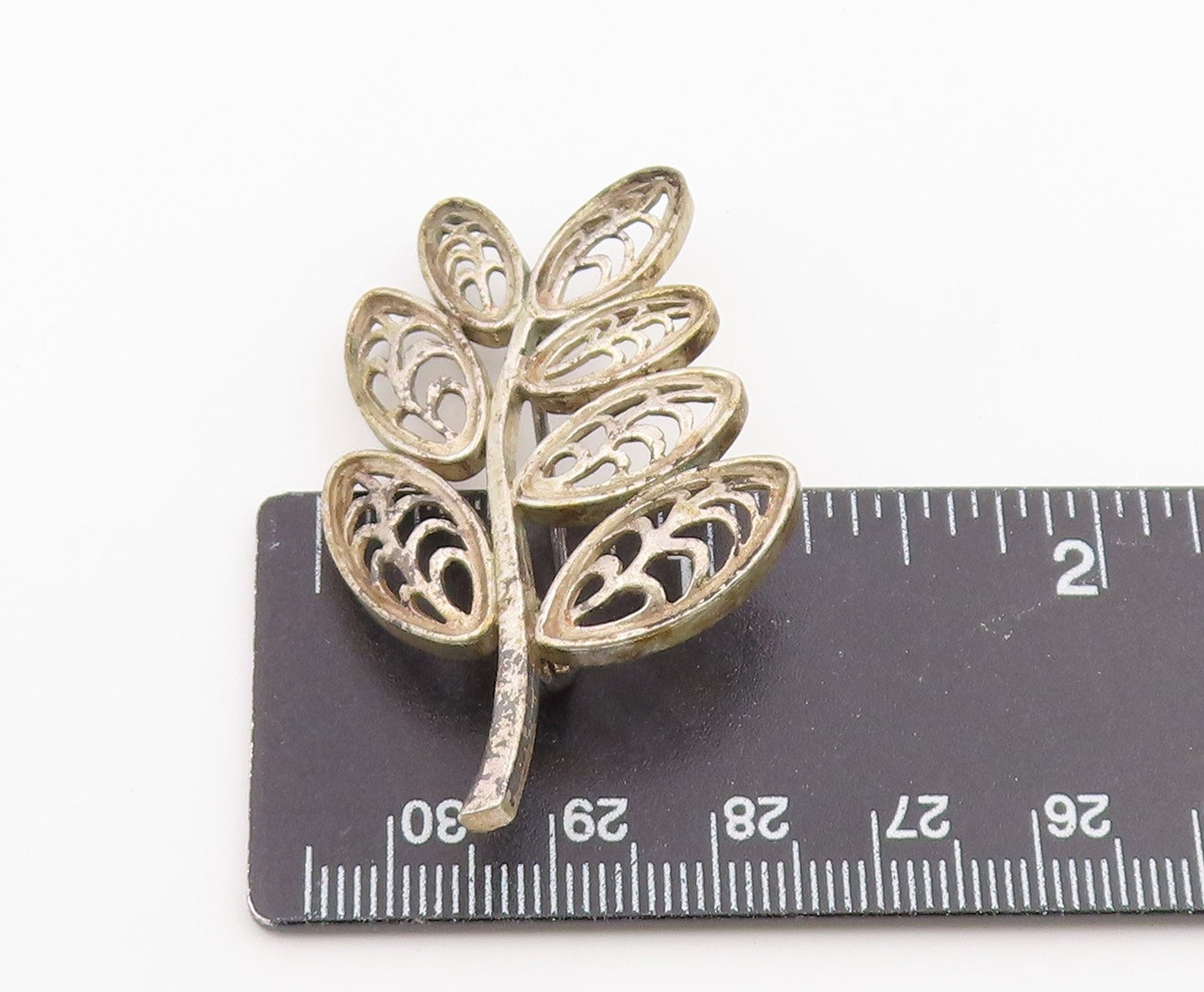 925 Sterling Silver Vintage Brooch Pin Classic Openwork Botanical Leaf  BP12601