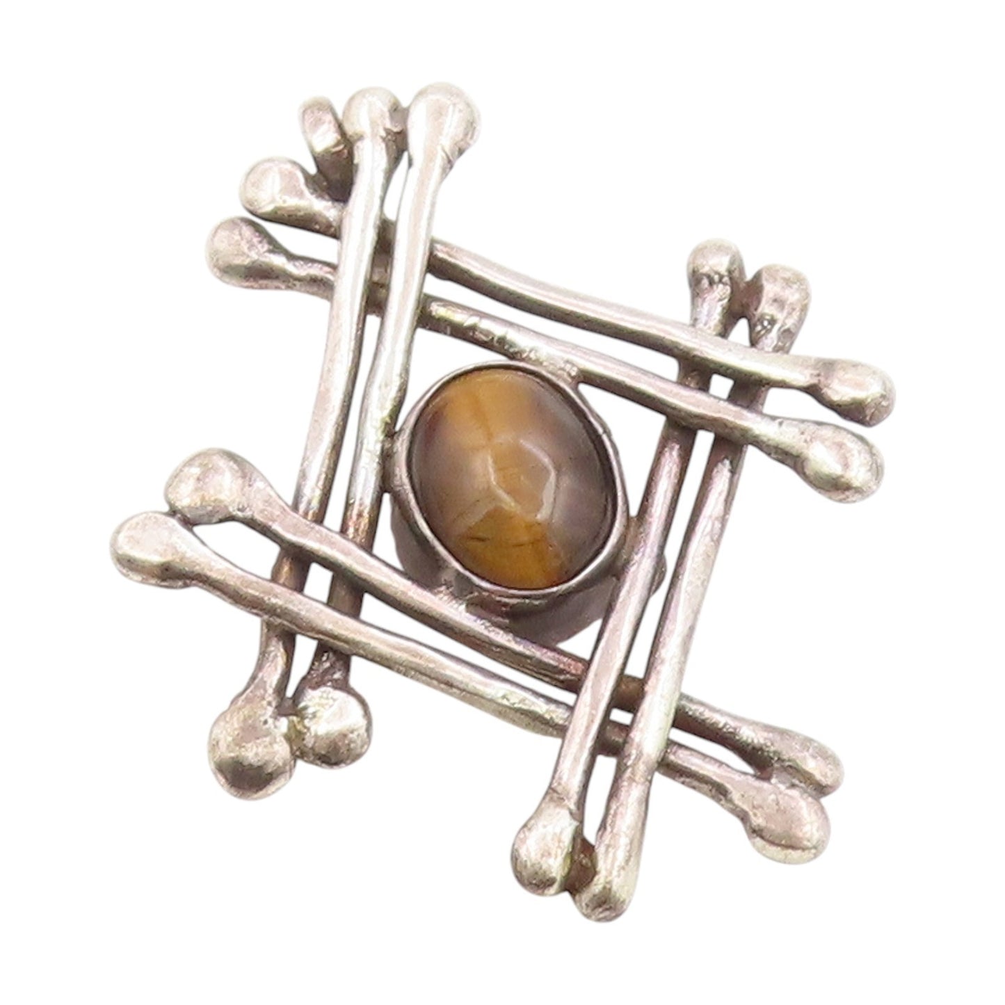 925 Sterling Silver Vintage Pendant Cabochon Tiger's Eye Modernist Grid  PT25442