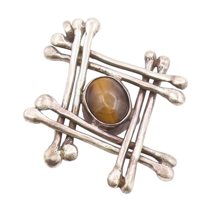 925 Sterling Silver Vintage Pendant Cabochon Tiger's Eye Modernist Grid  PT25442