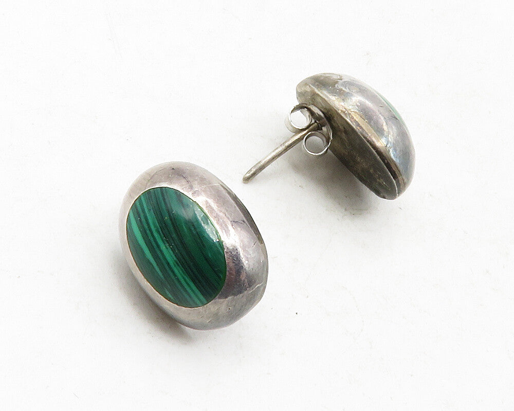 MEXICO 925 Sterling Silver  Vintage Inlaid Malachite Oval Stud Earrings EG6527