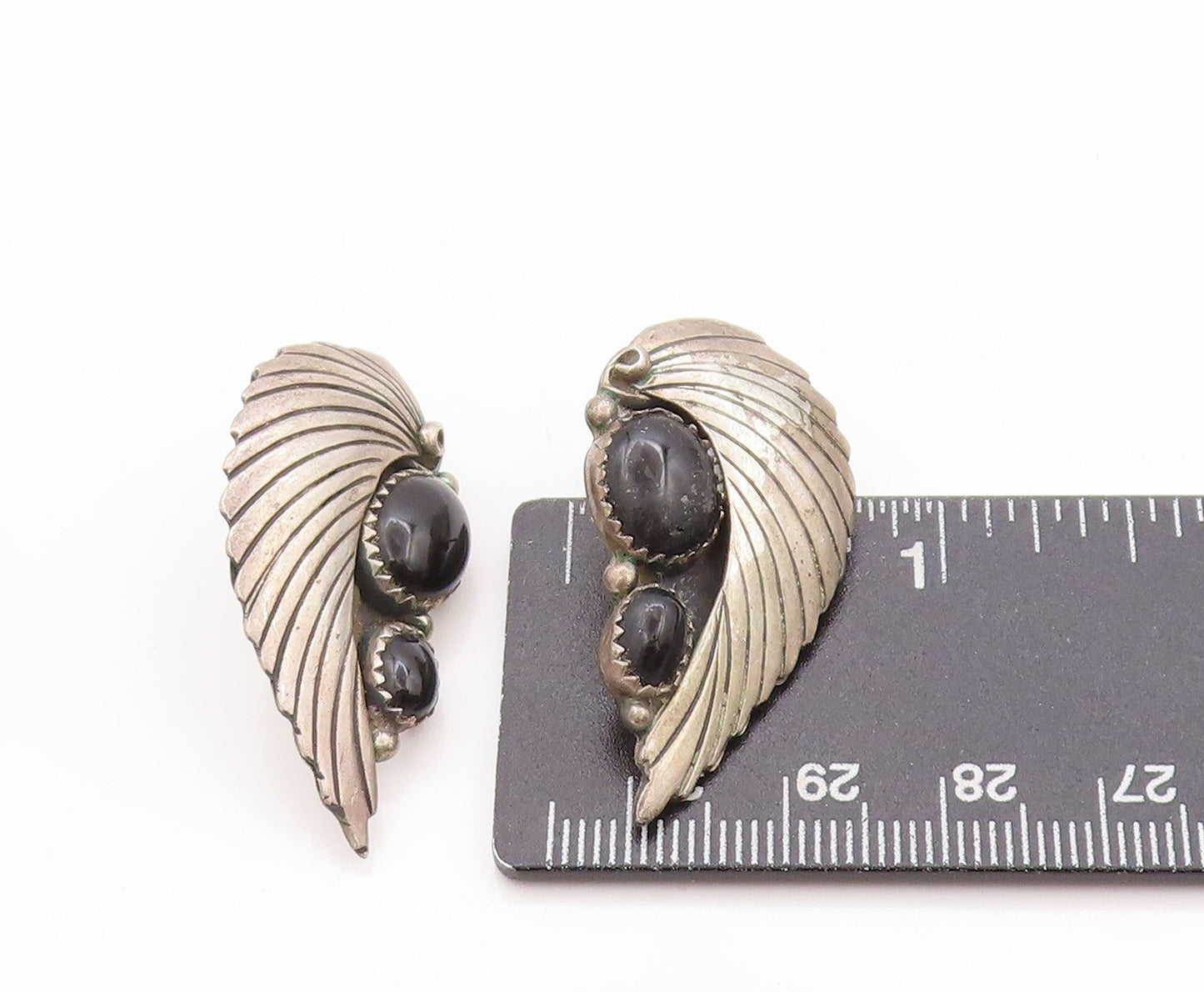 925 Sterling Silver Vintage Earrings NAVAJO Onyx Etched Devil Wings  EG13572