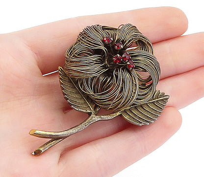 925 Sterling Silver  Vintage Red Topaz Wire Sculpted Flower Brooch Pin  BP1999