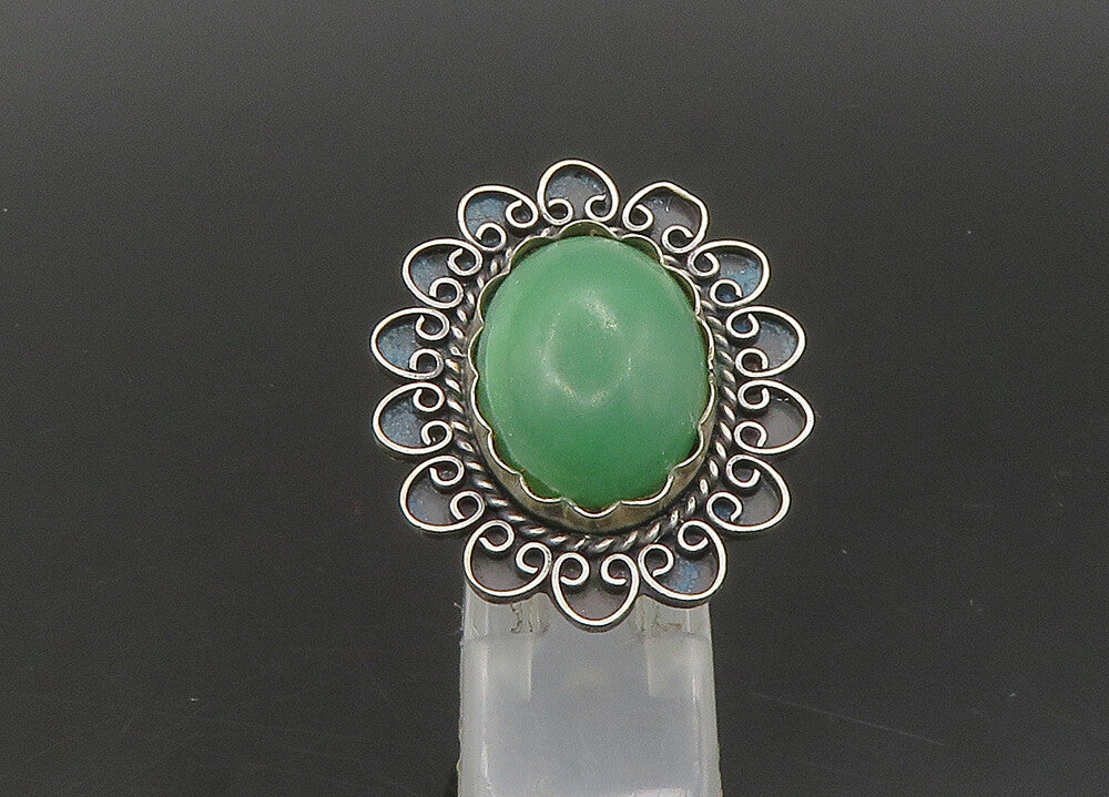 MEXICO 925 Silver  Vintage Green Jasper Floral Cocktail Ring Sz 8  RG23313