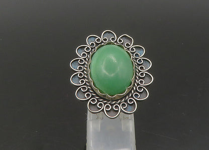 MEXICO 925 Silver  Vintage Green Jasper Floral Cocktail Ring Sz 8  RG23313