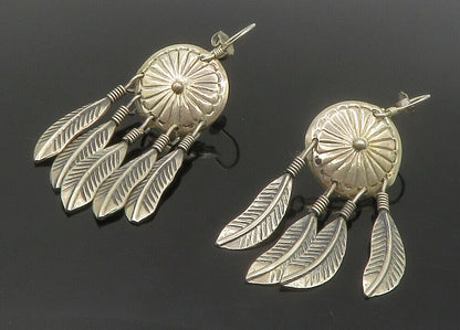 SOUTHWESTERN 925 Silver  Vintage Floral Feathers Motif Dangle Earrings  EG7108