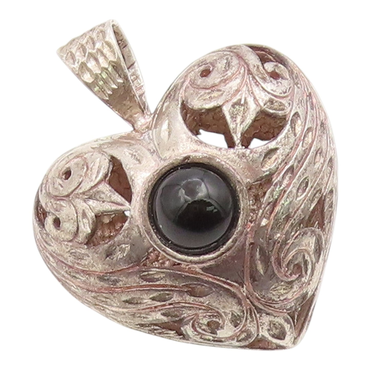 925 Sterling Silver Vintage Pendant Round Onyx & Opal Etched Love Heart  PT26028