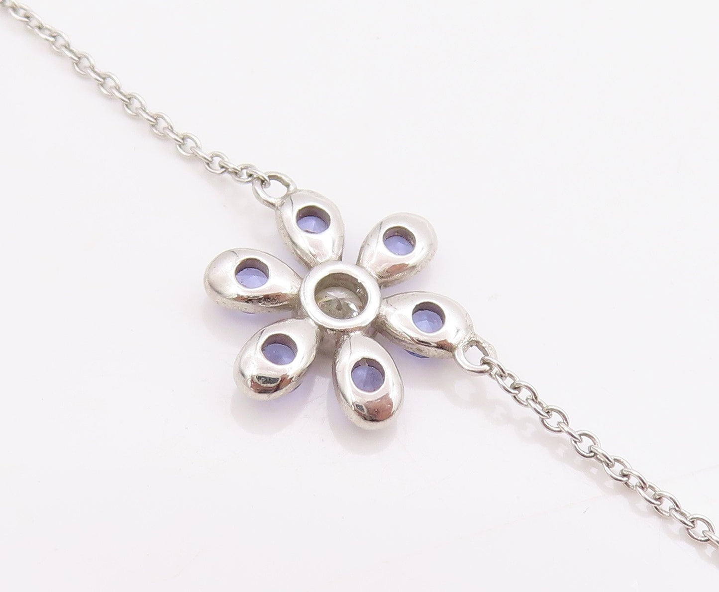 925 Sterling Silver Vintage Necklace Tanzanite & CZ Daisy Floral Chain   NE4628