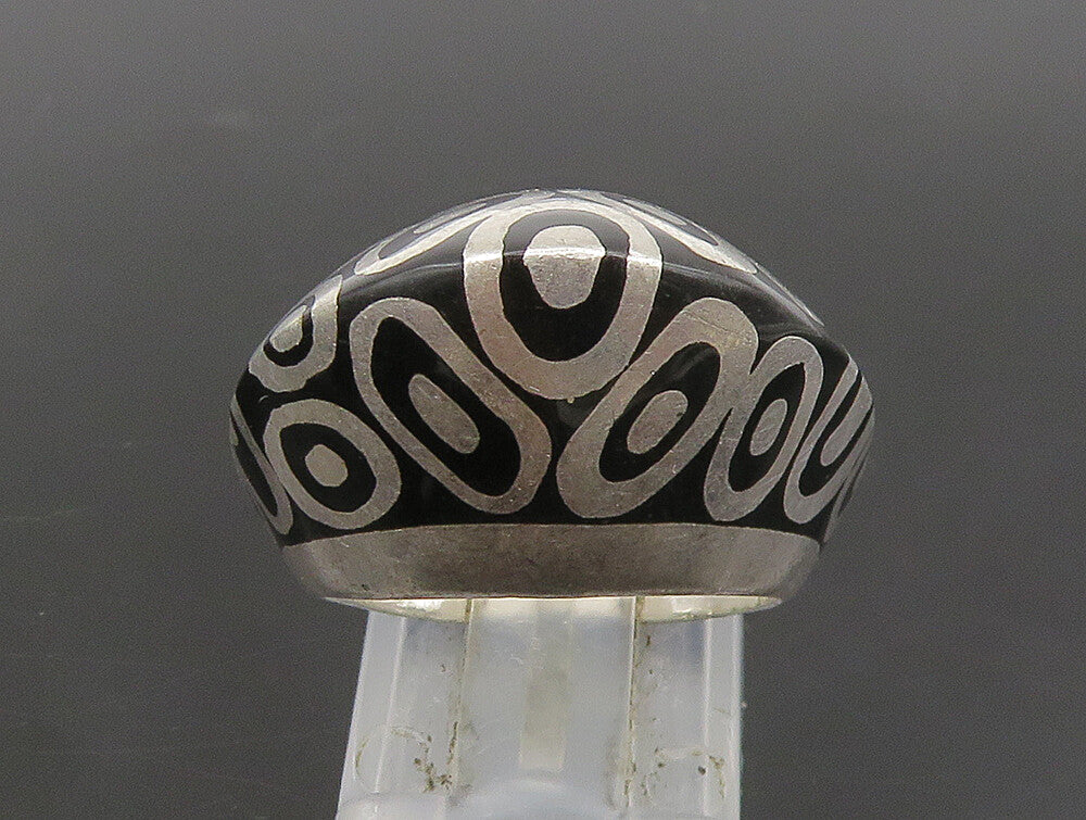FLLI MENEGATTI 925 Silver  Vintage Black Enamel Dome Band Ring Sz 6  RG24019