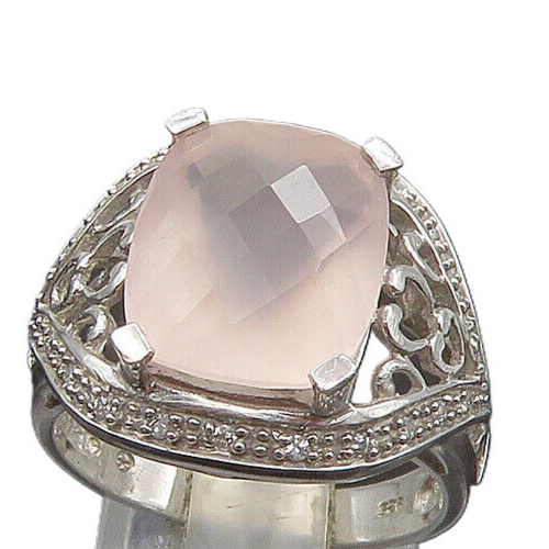 925 Silver  Vintage Rose Quartz & Diamonds Cocktail Ring Sz 7.5  RG23091