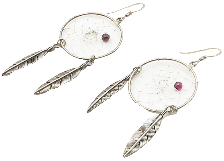925 Silver Vintage Garnet Dream Catcher Dangle Earrings EG7987