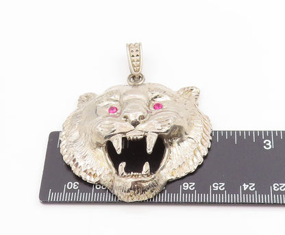 925 Sterling Silver Vintage Pendant Red Eyes CZ Roaring Wild Tiger Head PT25299