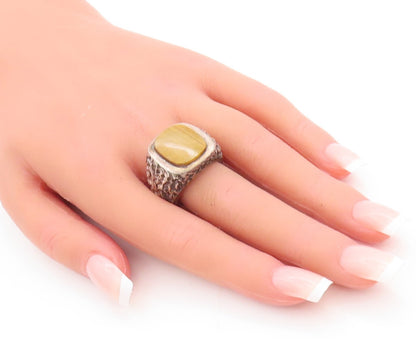 925 Sterling Silver Vintage Ring Brutalist Square Cut Tiger's Eye Sz 9.5 RG28982