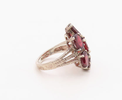 925 Sterling Silver Vintage Ring Elegant Garnet Floral Cluster  Sz 7  RG36352