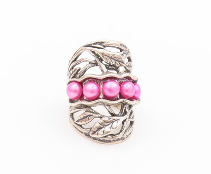 925 Sterling Silver Vintage Ring ISRAEL Pink Pearls Brutalist Cut  Sz 7  RG32406