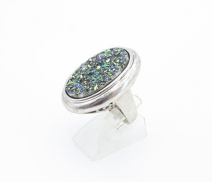 925 Sterling Silver  Vintage Rainbow Druzy Stone Cocktail Ring Sz 7  RG4268