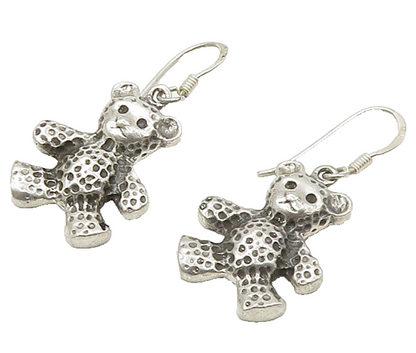 925 Sterling Silver  Vintage Shiny Textured Teddy Bear Drop Earrings  EG10623