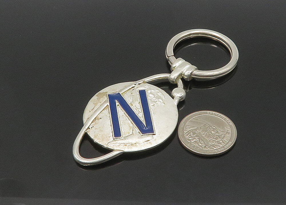 925 Sterling Silver  Vintage Enamel N Initial Round Heavy Key Chain  TR2940