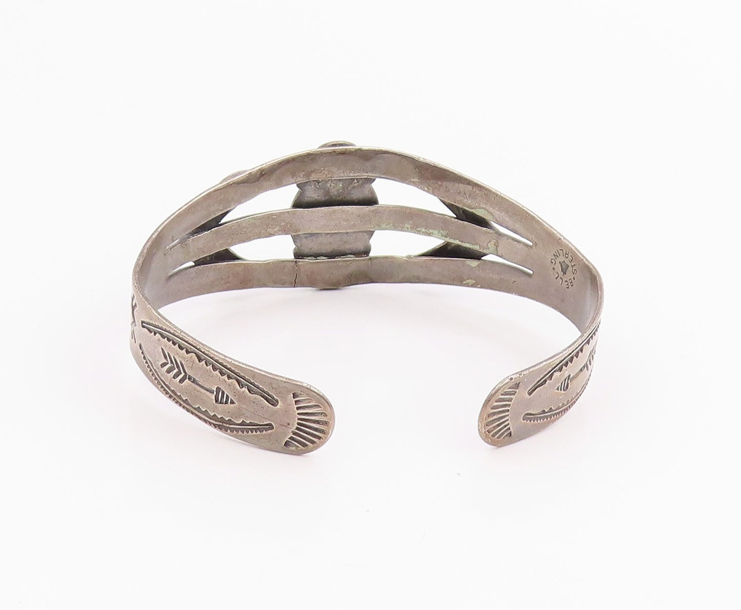 925 Sterling Silver Vintage Bracelet BELL NAVAJO Etched Turquoise Cuff  BT11966