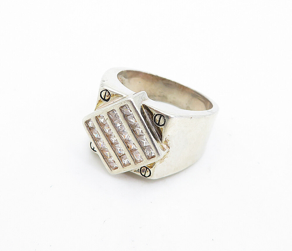 925 Sterling Silver  Vintage Cubic Zirconia Square Screw Band Ring Sz 9 RG6901
