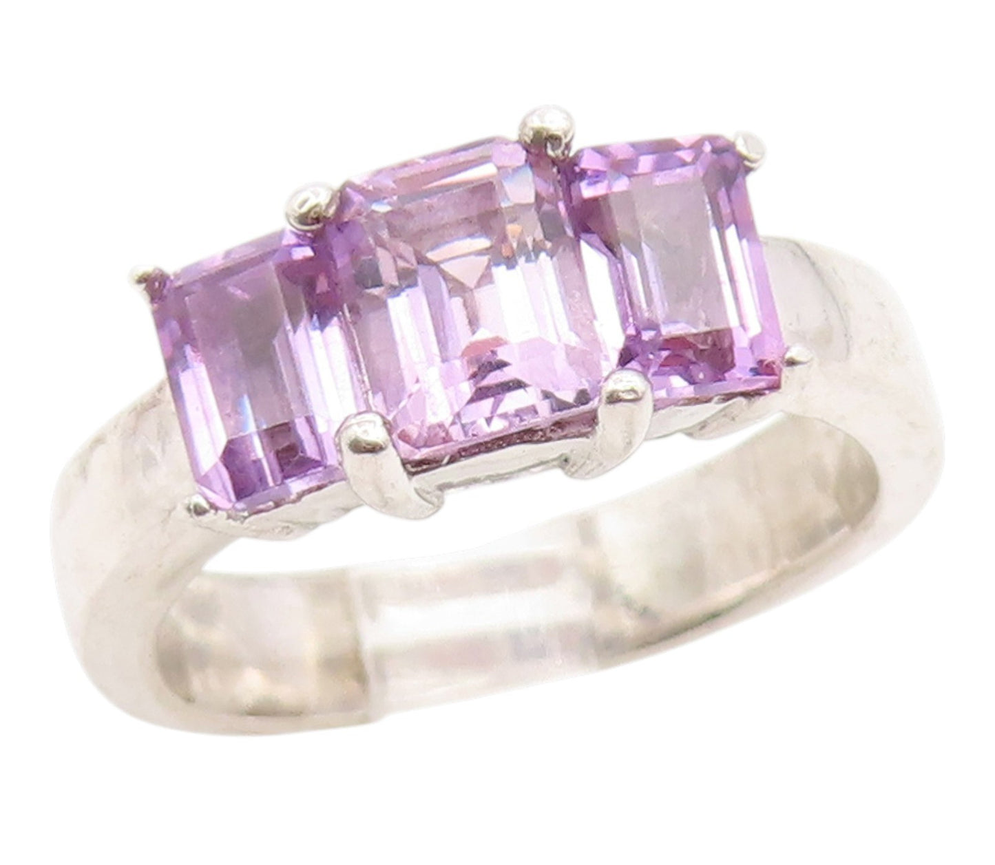 925 Sterling Silver Vintage Ring Classic Three Stone Amethyst Band Sz 8 RG36144