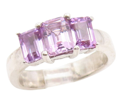 925 Sterling Silver Vintage Ring Classic Three Stone Amethyst Band Sz 8 RG36144