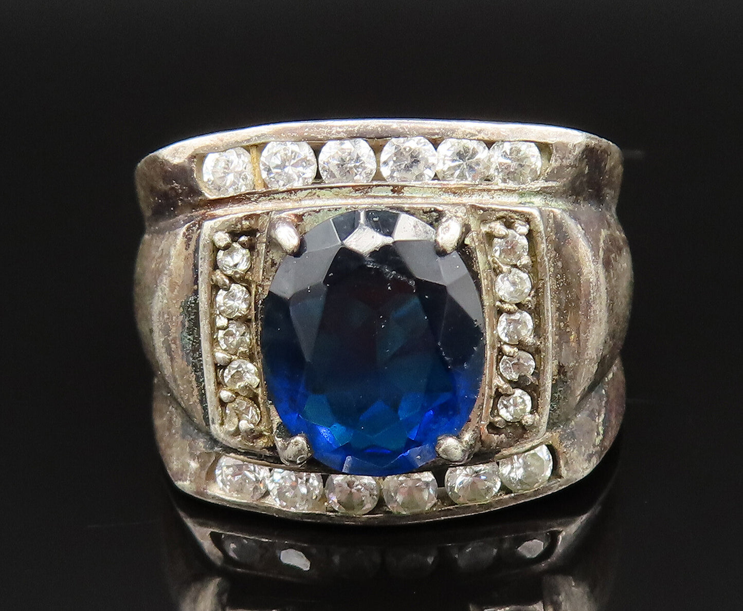 925 Sterling Silver Vintage Sapphire & Cubic Zirconia Ring Sz 10.5 RG25455