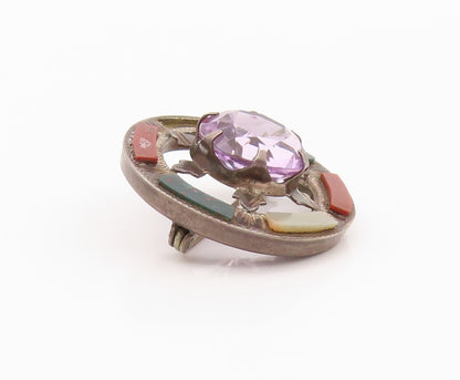 925 Sterling Silver Vintage Brooch Antique Amethyst Halo Gemstone Wheel  BP11673