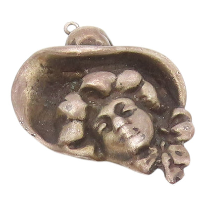 925 Sterling Silver  Vintage Antique Woman In Hat Dark Tone Pendant  PT16189