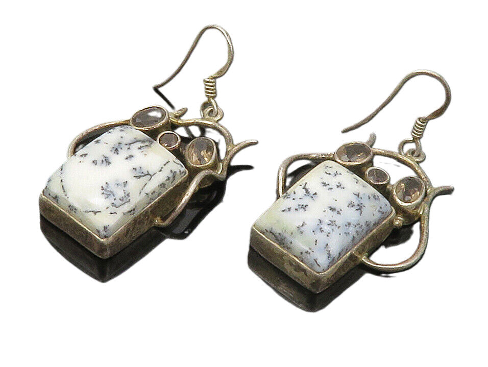 925 Sterling Silver  Vintage Dendrite Agate & Topaz Dangle Earrings  EG6359