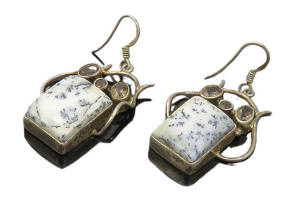 925 Sterling Silver  Vintage Dendrite Agate & Topaz Dangle Earrings  EG6359