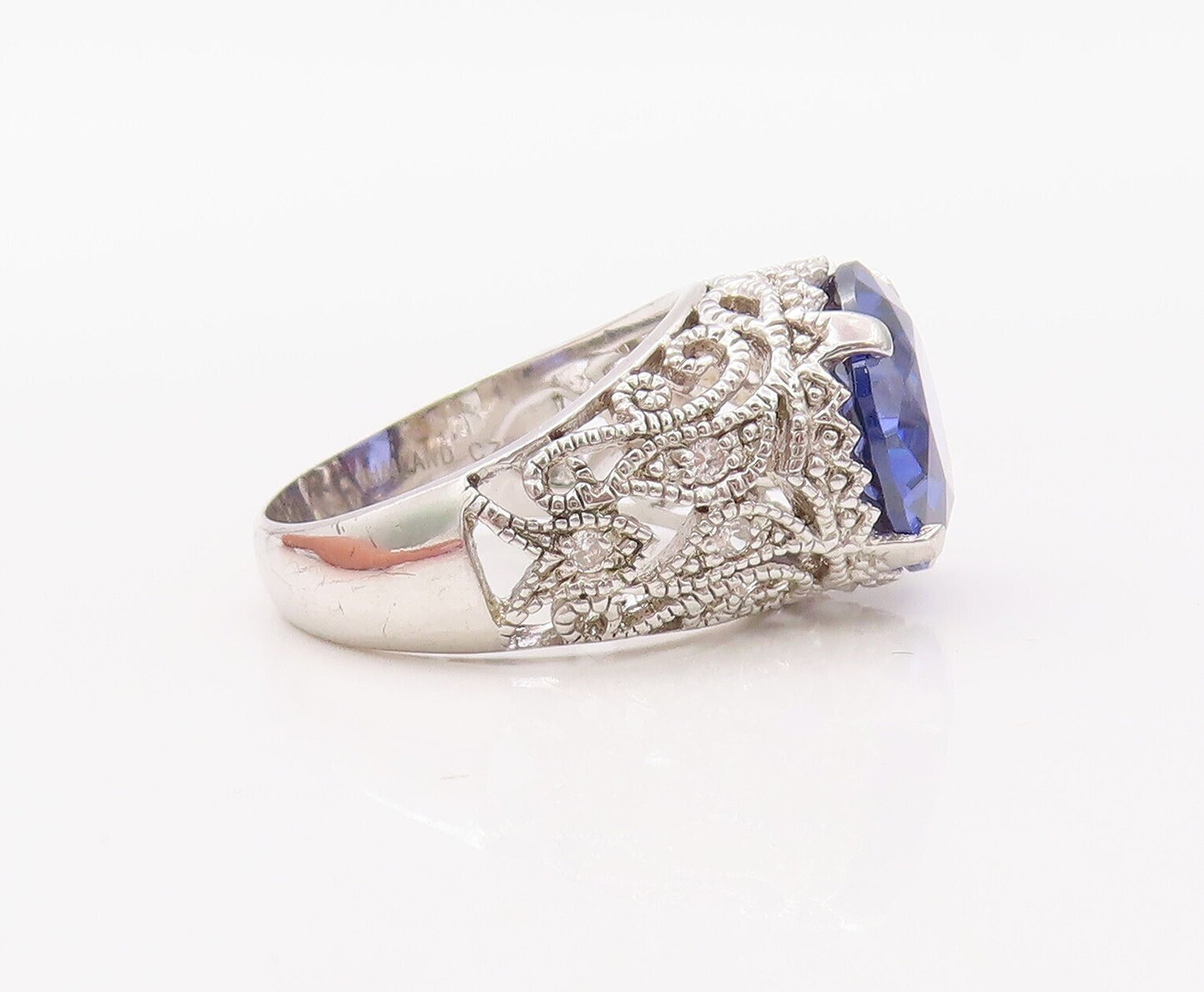 925 Sterling Silver Vintage Ring Swirly Cutout Round Sapphire  Sz 7  RG30782