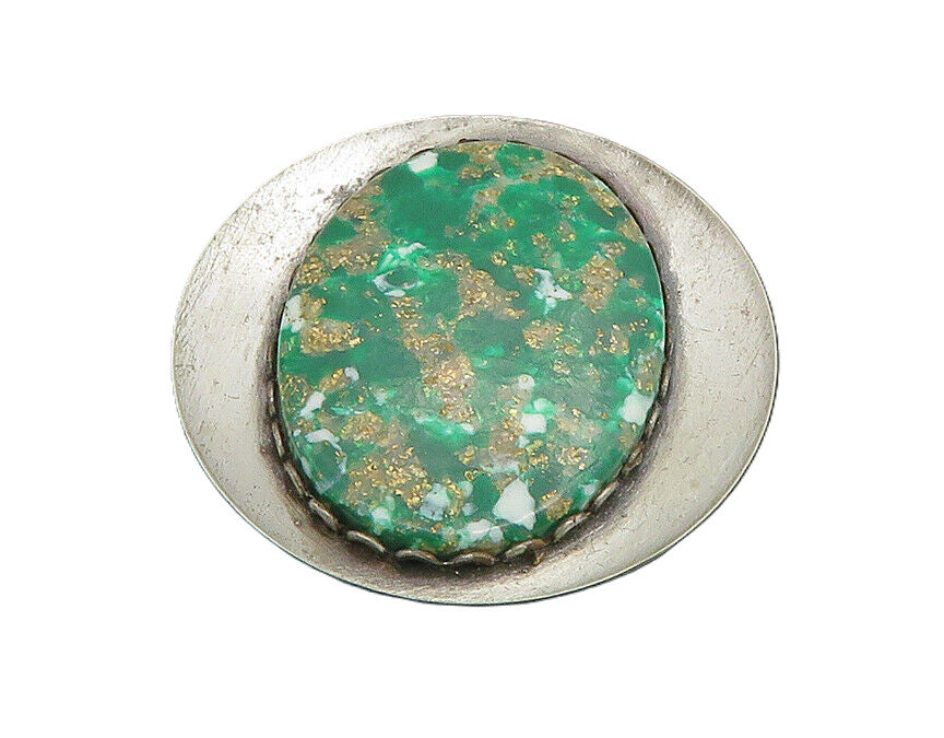 925 Sterling Silver  Vintage Green Enamel Art Smooth Oval Brooch Pin  BP9043