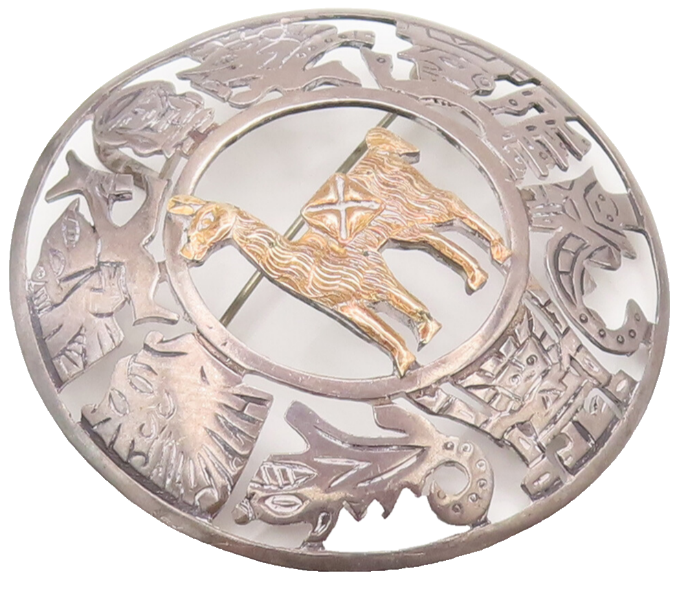 18k GOLD 925 Sterling Silver Vintage Mayan Aztec Symbols Brooch Pin  BP10401