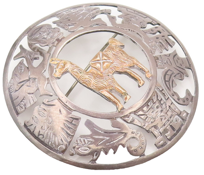 18k GOLD 925 Sterling Silver Vintage Mayan Aztec Symbols Brooch Pin  BP10401